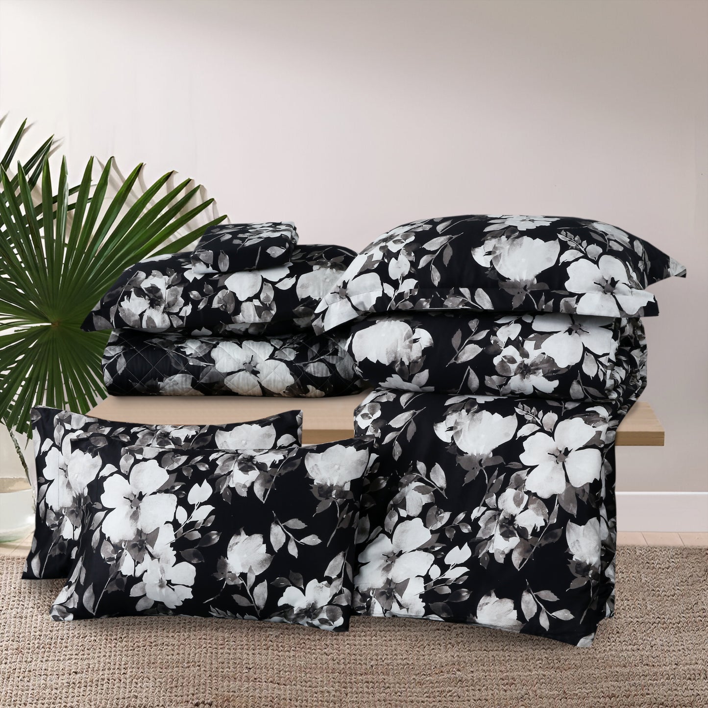 Luxury Satin Cotton Summer Quilt Cover Set – 6-Piece Floral Black & White Bedding