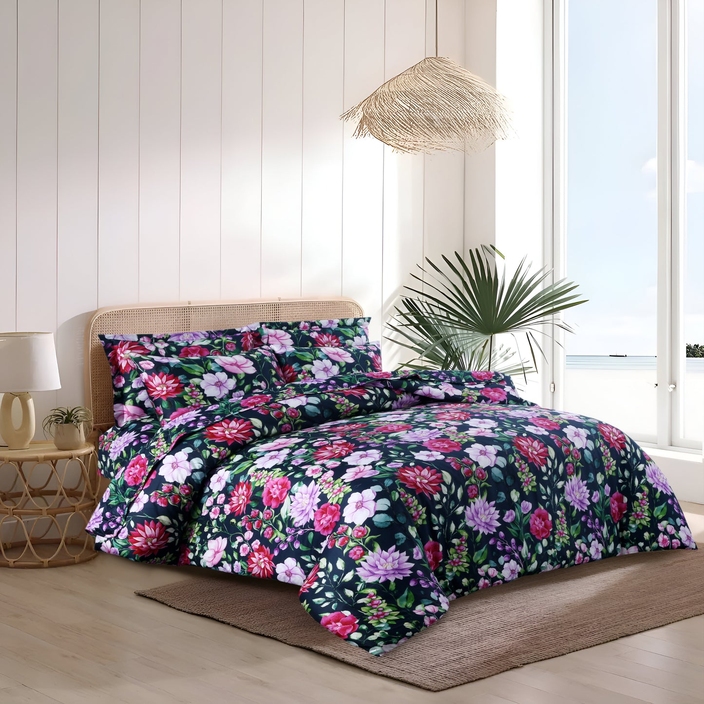Luxury Floral Satin Cotton Duvet Cover Set – 6-Piece