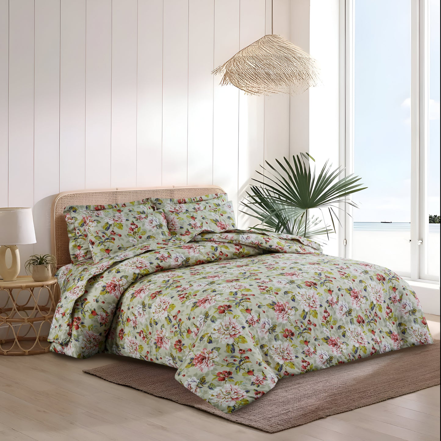 Sage Blossom 6-Piece Satin Cotton Duvet Cover Set – Elegant Floral Bedding Ensemble