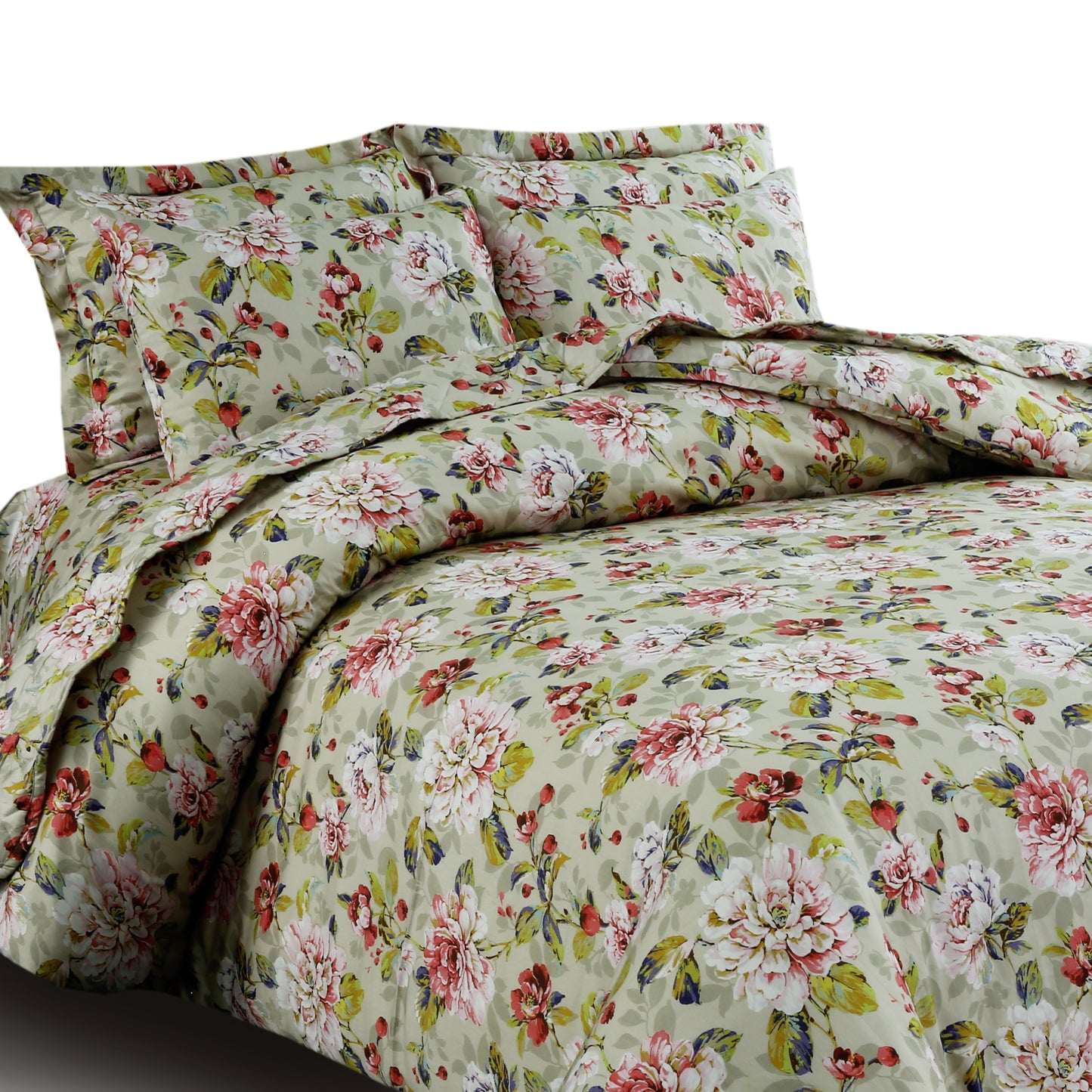 Sage Blossom 6-Piece Satin Cotton Duvet Cover Set – Elegant Floral Bedding Ensemble