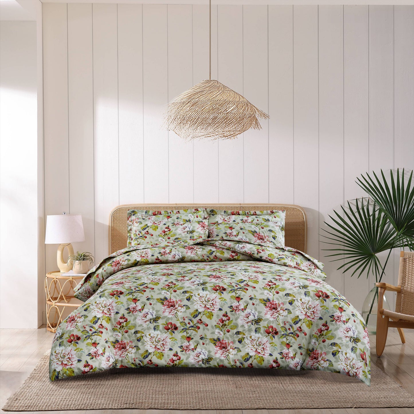Sage Blossom 6-Piece Satin Cotton Duvet Cover Set – Elegant Floral Bedding Ensemble