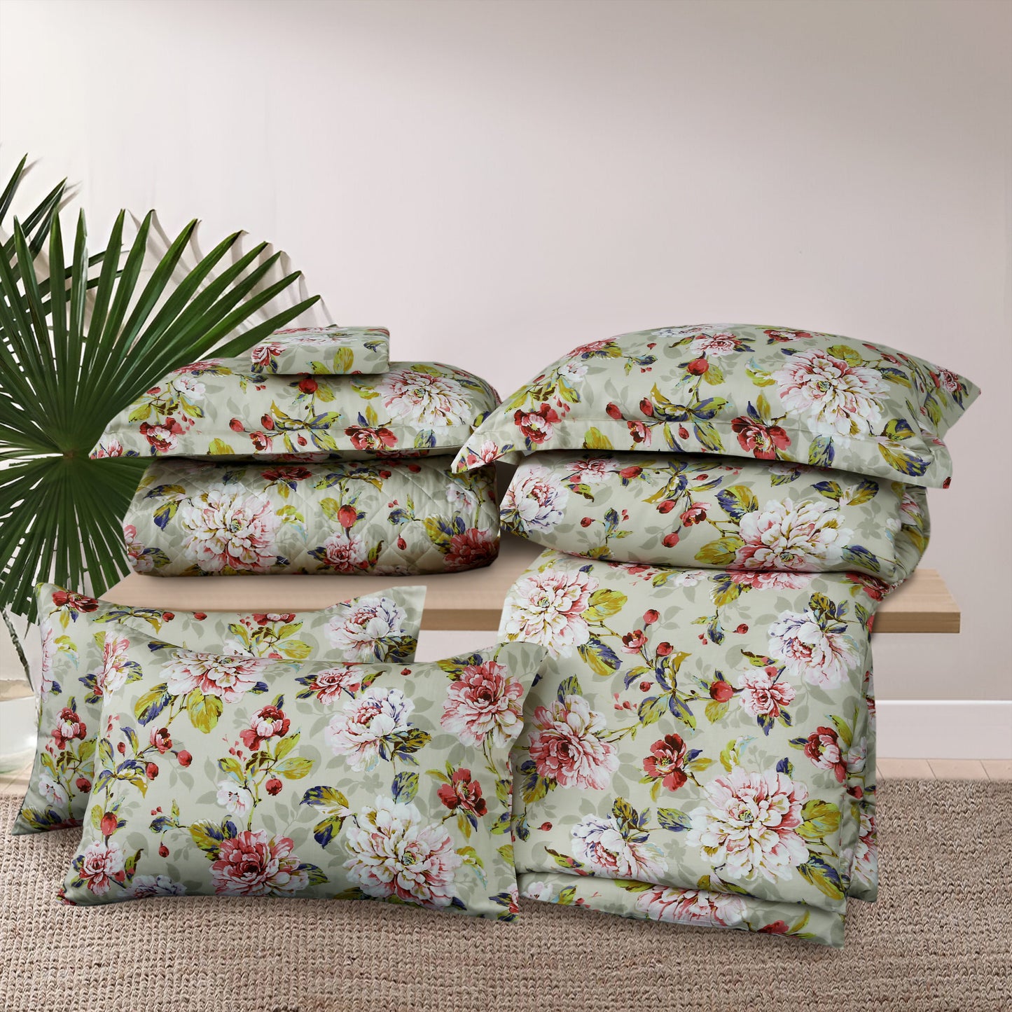 Sage Blossom 6-Piece Satin Cotton Duvet Cover Set – Elegant Floral Bedding Ensemble
