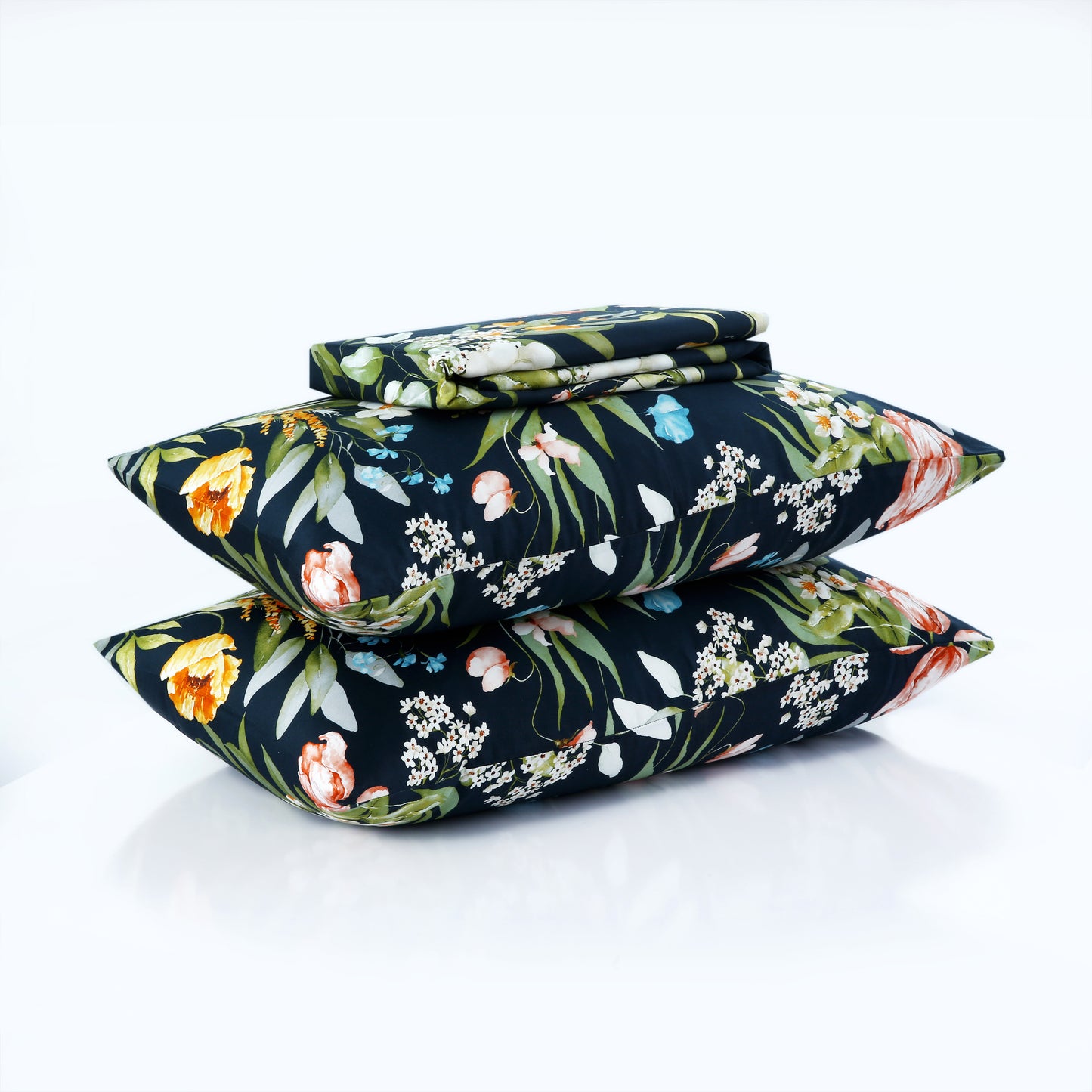 Elegant Floral Bedsheet Set – 3-Piece Satin Organic Cotton in Midnight Garden Theme