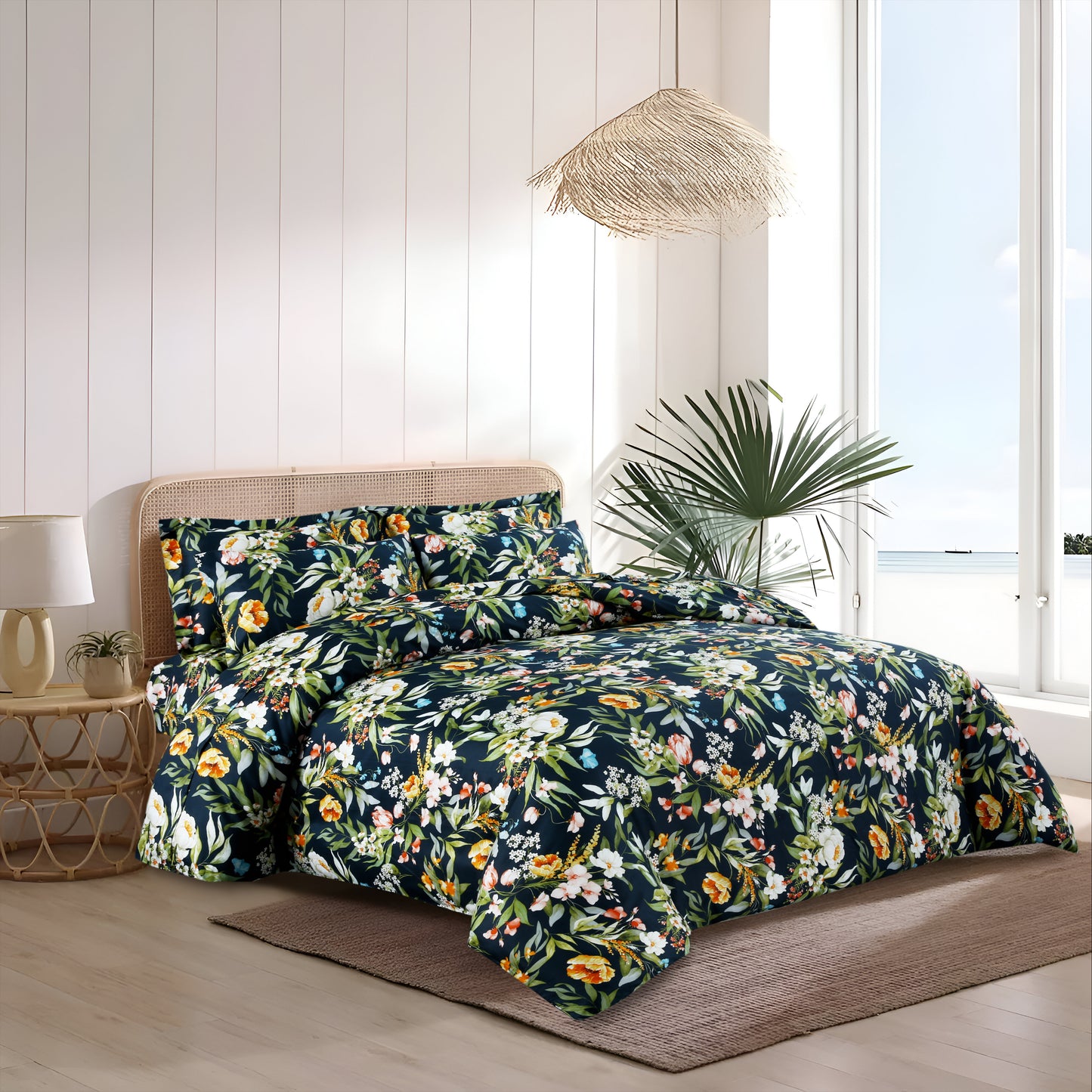 Satin Organic Cotton Duvet Cover Set – 6 Pieces Midnight Garden (Navy Green & Multicolor Floral)