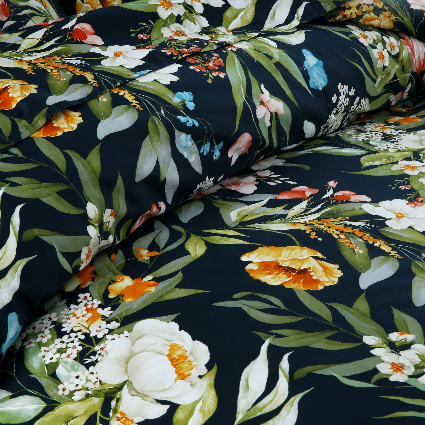 Satin Organic Cotton Duvet Cover Set – 6 Pieces Midnight Garden (Navy Green & Multicolor Floral)
