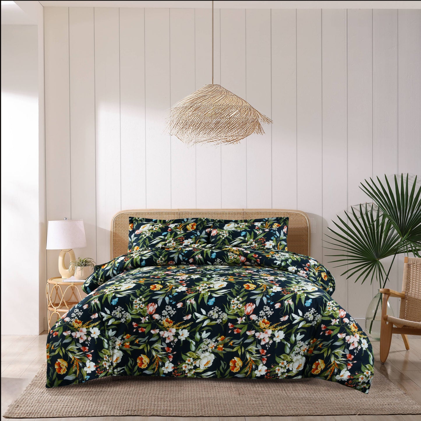 Elegant Floral Bedsheet Set – 3-Piece Satin Organic Cotton in Midnight Garden Theme