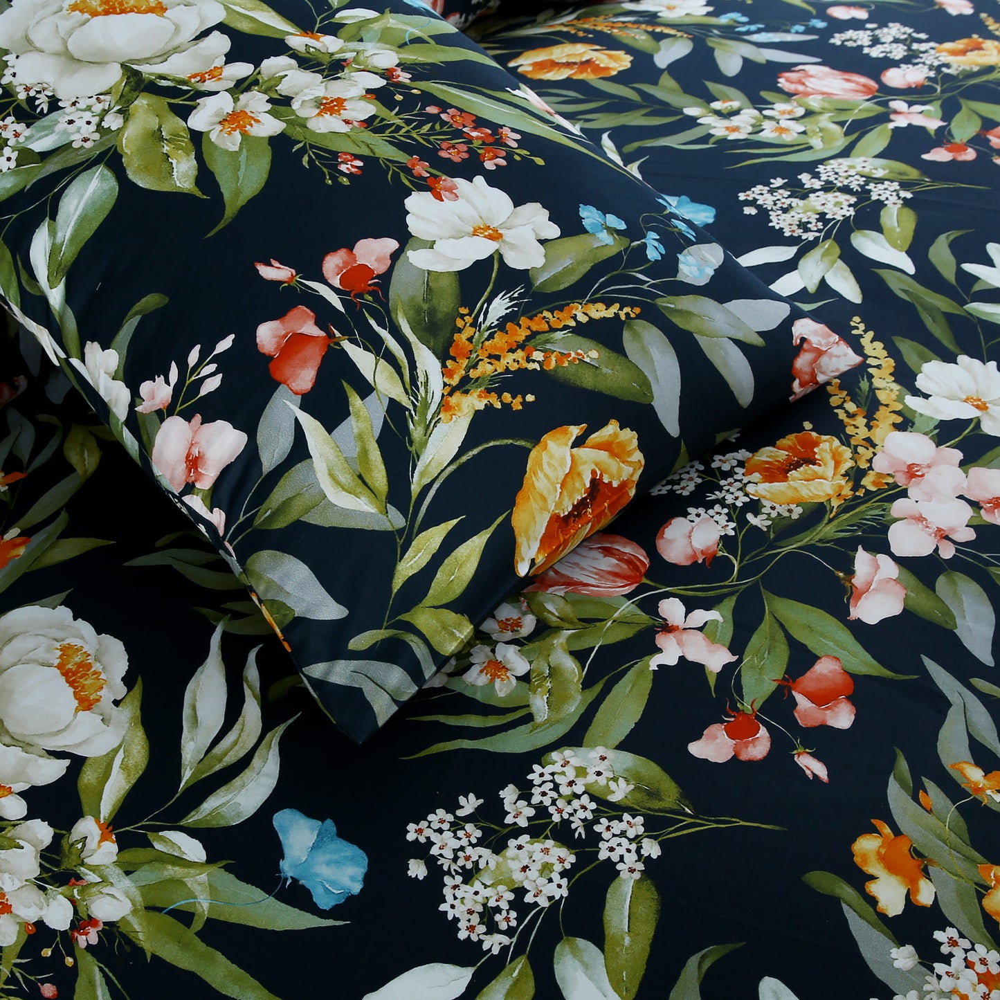 Satin Organic Cotton Duvet Cover Set – 6 Pieces Midnight Garden (Navy Green & Multicolor Floral)
