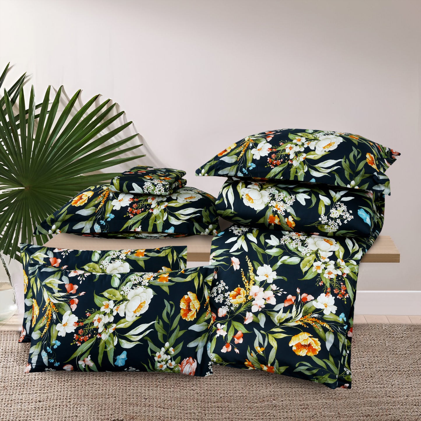 Satin Organic Cotton Duvet Cover Set – 6 Pieces Midnight Garden (Navy Green & Multicolor Floral)