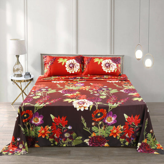 Botanical Bloom 3-Piece Cotton Bedsheet Set – Deep Maroon & Multicolor