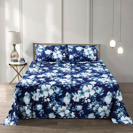 Elegant Floral Bedsheet Set – 3-Piece Cotton Bedding (Navy Blue & White)