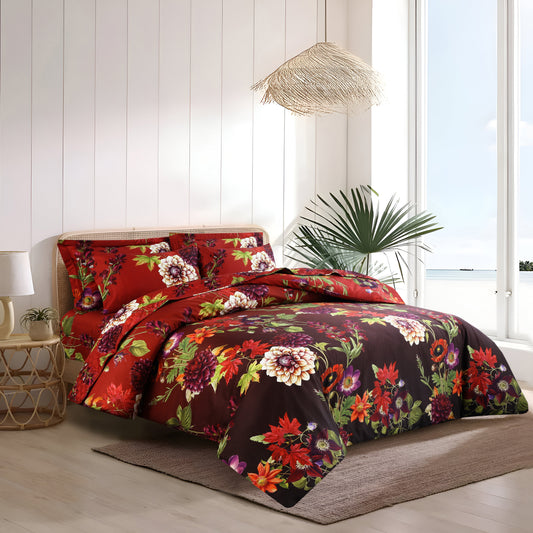 Satin Cotton Duvet Cover Set – 6-Piece Botanical Bloom (Deep Maroon & Multicolor)