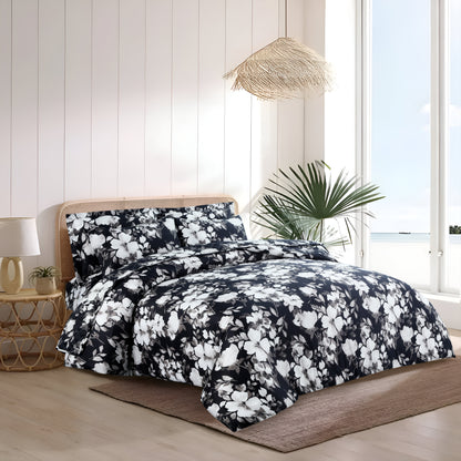 Luxury Satin Cotton Summer Quilt Cover Set – 6-Piece Floral Black & White Bedding