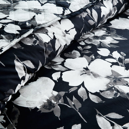Luxury Satin Cotton Summer Quilt Cover Set – 6-Piece Floral Black & White Bedding