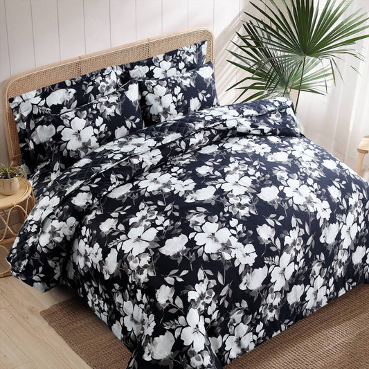 Luxury Satin Cotton Summer Quilt Cover Set – 6-Piece Floral Black & White Bedding