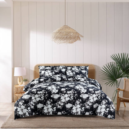 Luxury Satin Cotton Summer Quilt Cover Set – 6-Piece Floral Black & White Bedding