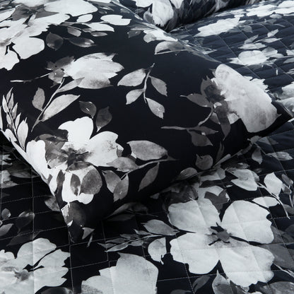 Luxury Satin Cotton Summer Quilt Cover Set – 6-Piece Floral Black & White Bedding