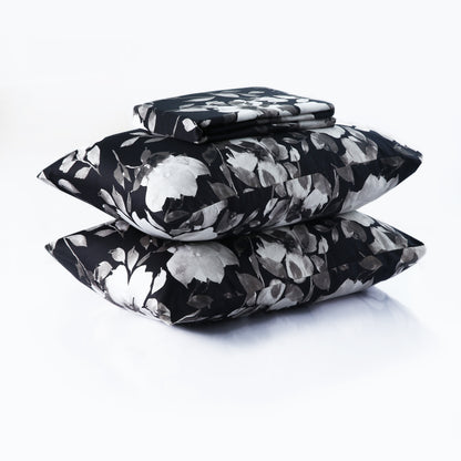 Luxury Floral Cotton Bedsheet Set – 3-Piece Black & White Soft & Elegant Bedding