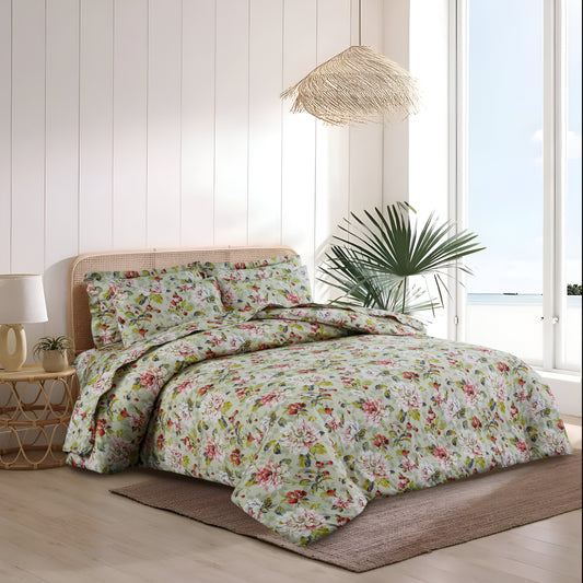Sage Blossom 6-Piece Satin Cotton Duvet Cover Set – Elegant Floral Bedding Ensemble