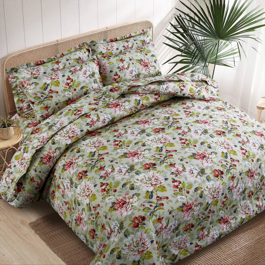 Sage Blossom 6-Piece Satin Cotton Summer Quilt – Elegant Floral Bedding Ensemble