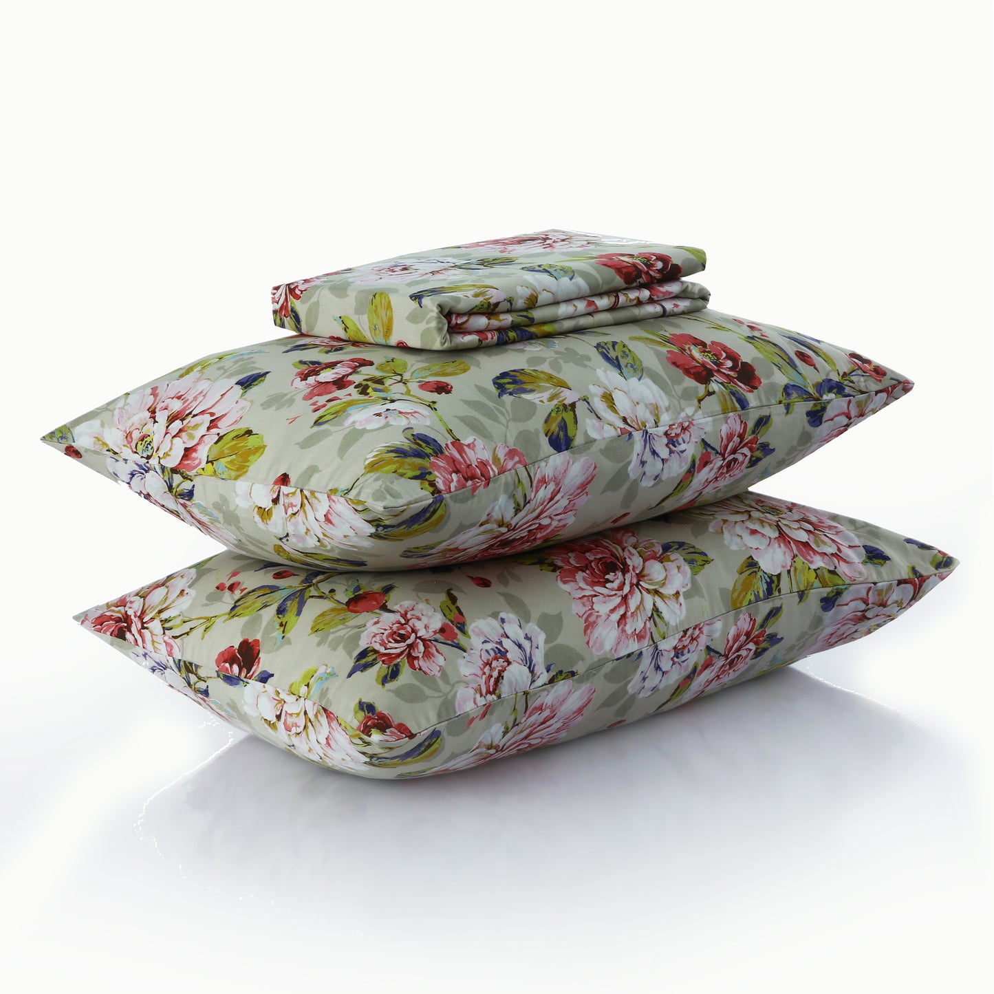 Sage Blossom 3-Piece Cotton Bedsheet Set – Soft & Breathable Bedding with Pillowcases