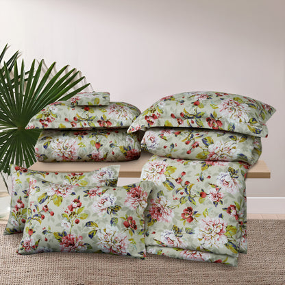 Sage Blossom 6-Piece Satin Cotton Duvet Cover Set – Elegant Floral Bedding Ensemble