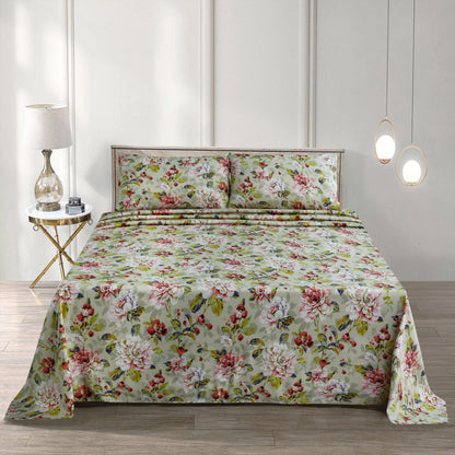 Sage Blossom 3-Piece Cotton Bedsheet Set – Soft & Breathable Bedding with Pillowcases