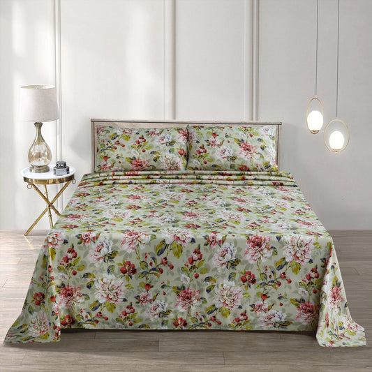 Sage Blossom 3-Piece Cotton Bedsheet Set – Soft & Breathable Bedding with Pillowcases