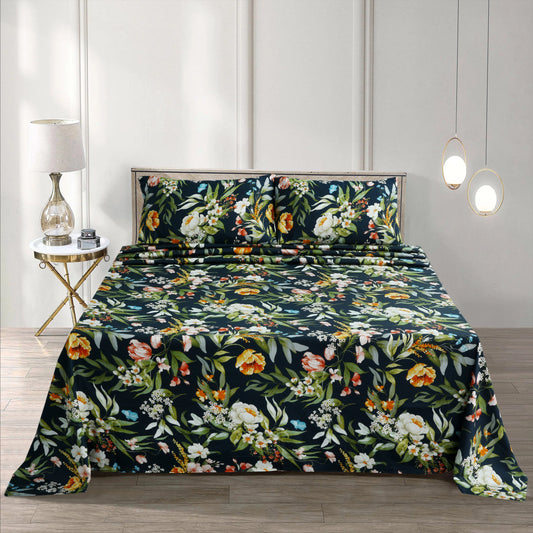 Elegant Floral Bedsheet Set – 3-Piece Satin Organic Cotton in Midnight Garden Theme