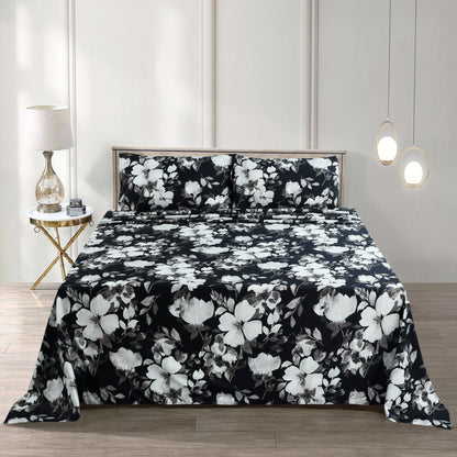 Luxury Floral Cotton Bedsheet Set – 3-Piece Black & White Soft & Elegant Bedding