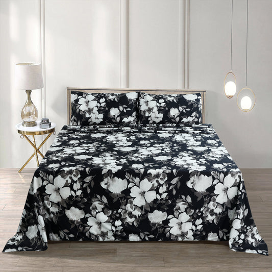Luxury Floral Cotton Bedsheet Set – 3-Piece Black & White Soft & Elegant Bedding